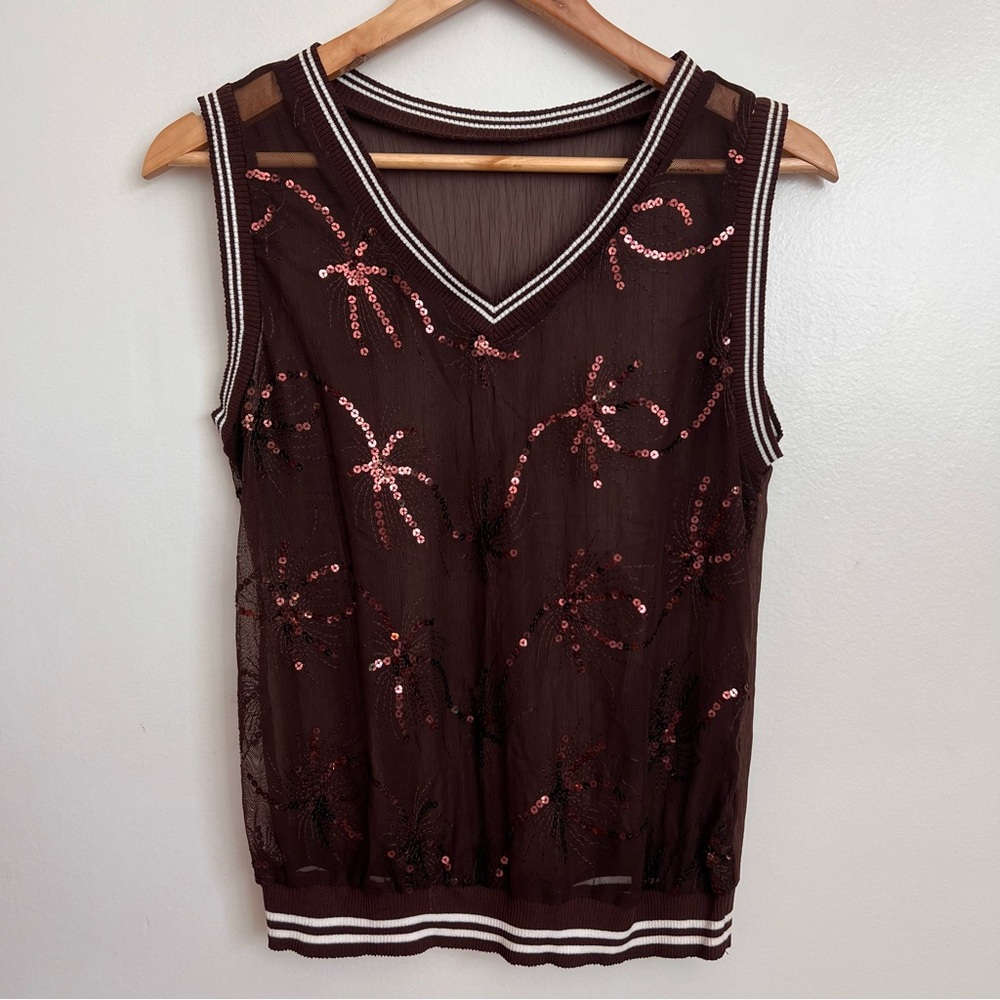 VTG Brown Sheer V-neck Sequined Top Size S